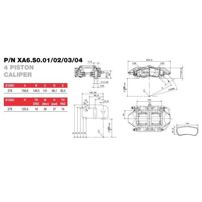 Brembo Racing 4 Kolben F3 Sattel XA6S003